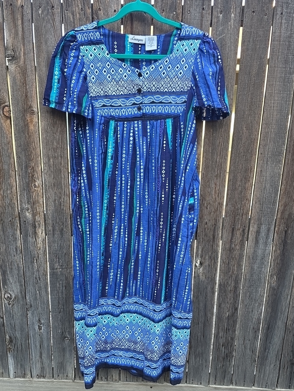 Vintage Abstract Blue & Teal Printed Maxi Dress Housecoat Robe 100% Cotton